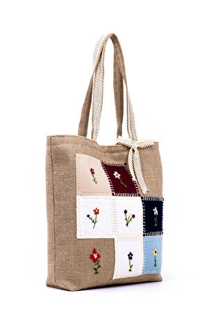 Omuz Çanta Patchwork Jüt Kumaş
