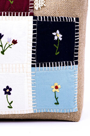 Omuz Çanta Patchwork Jüt Kumaş