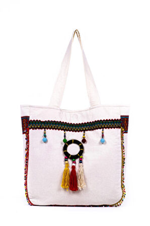 Omuz Çanta Renkli Püsküllü Krem