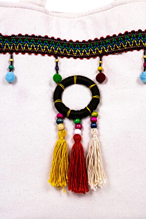 Omuz Çanta Renkli Püsküllü Krem