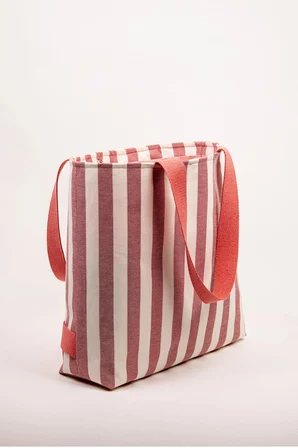 Plaj Çantası Çizgili Keten Büyük Boy Omuz Çantası 50x40 cm Çıkarılabilir Cüzdanlı