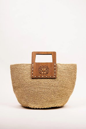 El Çantası Örgü Kağıt İp Ahşap Saplı Kadın Çanta 40x25 cm