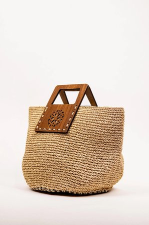 El Çantası Örgü Kağıt İp Ahşap Saplı Kadın Çanta 40x25 cm