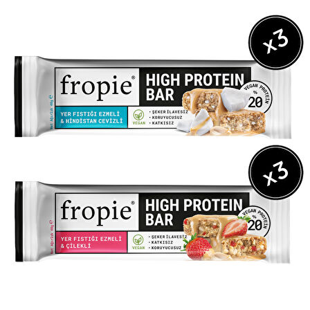 Fropie Vegan High Protein Bar 6’lı Set - Yer Fıstık Ezmeli & Çilekli & Hindistan Cevizli