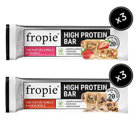 Fropie Vegan High Protein Bar 6’lı Set - Yer Fıstık Ezmeli & Çilekli & Kakao Nibli