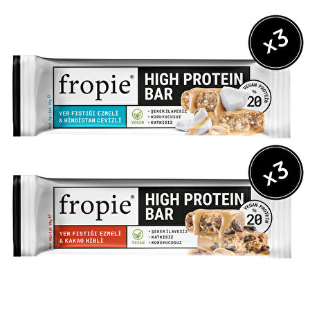 Fropie Vegan High Protein Bar 6’lı Set - Yer Fıstık Ezmeli & Kakao Nibli & Hindistan Cevizli