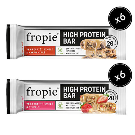 Fropie Vegan High Protein Bar 12’li Set - Yer Fıstık Ezmeli & Çilekli & Kakao Nibli