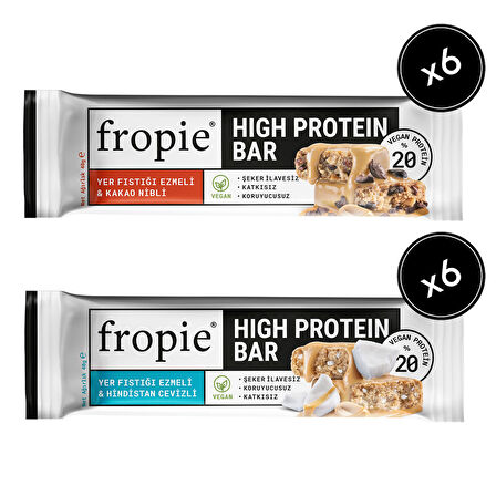 Fropie Vegan High Protein Bar 12’li Set - Yer Fıstık Ezmeli & Kakao Nibli & Hindistan Cevizli