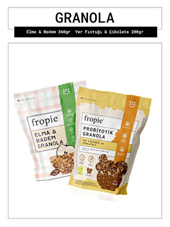 Fropie Elma Badem ve Probiyotik Yer Fıstığı Çikolata Granola Paketi x2