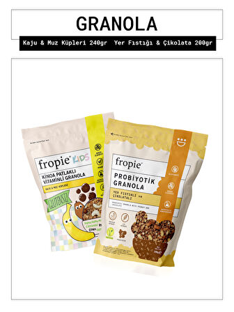 Fropie Kids Kaju Muz Küpleri ve Yer Fıstığı Çikolata Granola Paketi x2