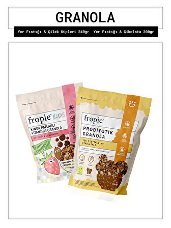 Fropie Kids Yer Fıstığı Çilek Küpleri ve Probiyotik Yer Fıstığı Çikolata Granola Paketi x2