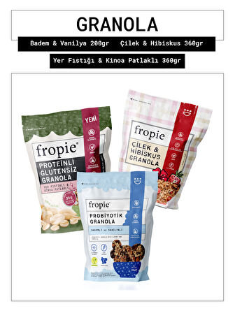 Fropie Badem & Vanilya - Çilek & Hibiskus - Glutensiz Yer Fıstıklı & Kinoa Patlaklı Granola 3’lü Set