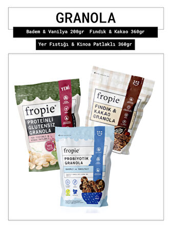 Fropie Badem & Vanilya - Fındık & Kakao - Glutensiz Yer Fıstıklı & Kinoa Patlaklı  Granola 3’lü Set