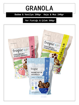 Fropie Badem & Vanilya - Kids Kaju & Muz Küpleri - Kids Yer Fıstığı & Çilek Küpleri Granola 3’lü Set