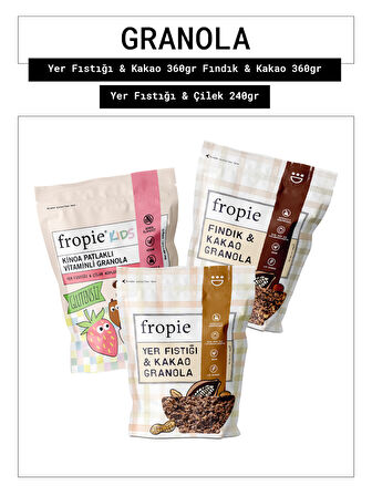 Fropie Yer fıstığı & Kakao - Fındık & Kakao - Kids Yer Fıstığı & Çilek Küpleri Granola 3’lü Set