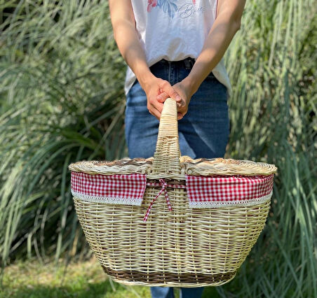 Kapaklı İçi Fisto Örtülü Hasır Xxl Büyük Boy Piknik Sepeti