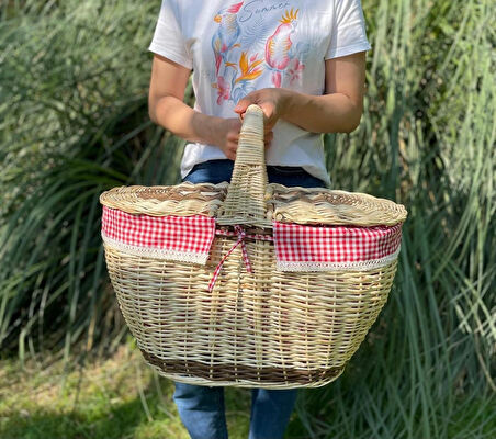 Kapaklı İçi Fisto Örtülü Hasır Xxl Büyük Boy Piknik Sepeti