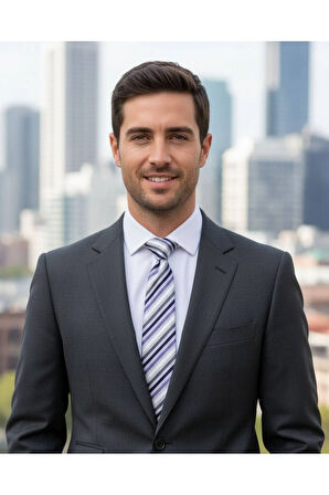 Lila Mor Beyaz Gri Çizgili 7 Cm Genişliğinde İnce Kravat