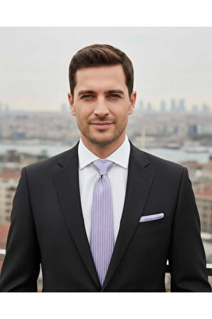 Lila Renkli 8 Cm Genişliğinde Mendilli Kravat