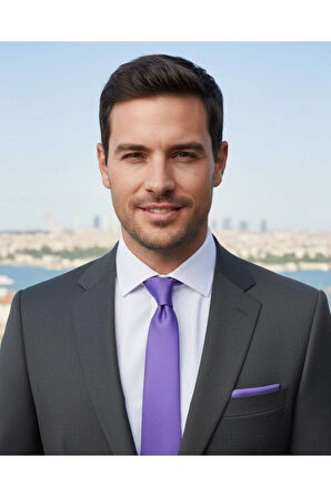 Lila Renkli 8 Cm Genişliğinde Mendilli Kravat