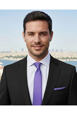 Lila Renkli 8 Cm Genişliğinde Mendilli Kravat