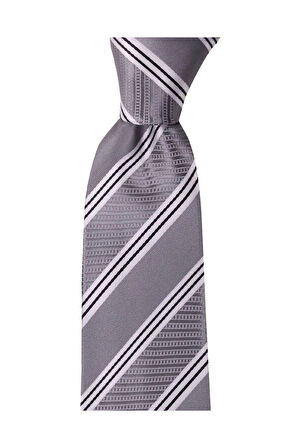 Beyaz Çizgili 8 Cm Genişliğinde Mendilli Gri Kravat