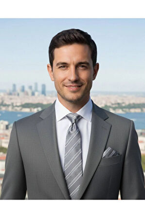 Beyaz Çizgili 8 Cm Genişliğinde Mendilli Gri Kravat