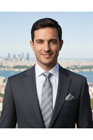 Beyaz Çizgili 8 Cm Genişliğinde Mendilli Gri Kravat