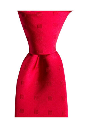Minimal Kare Desenli 7,5 Cm Genişliğinde Kırmızı Renkli Saten İpek Kravat