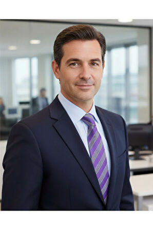 Lacivert Beyaz Çizgili 8 Cm Genişliğinde Lila Renkli İpek Kravat