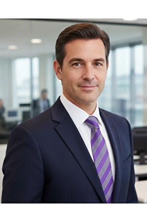 Lacivert Beyaz Çizgili 8 Cm Genişliğinde Lila Renkli İpek Kravat