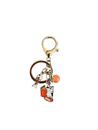 Balıklı Kitapsever Kedi Metal Charm Anahtarlık