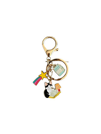 Gökkuşağı Kitapsever Kedi Metal Charm Anahtarlık