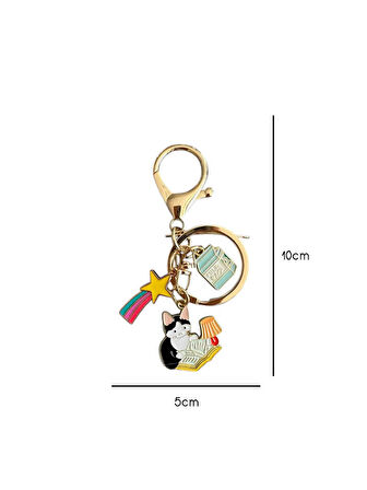 Gökkuşağı Kitapsever Kedi Metal Charm Anahtarlık