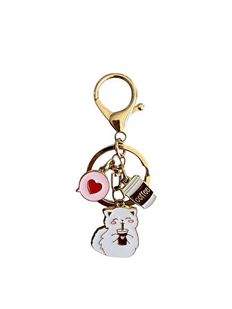 Kahveli Beyaz Kedi Metal Charm Anahtarlık