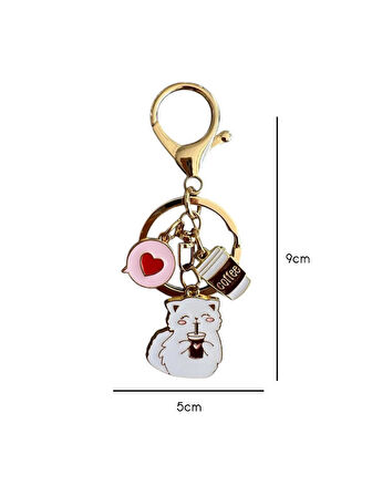 Kahveli Beyaz Kedi Metal Charm Anahtarlık