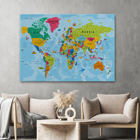 Harita Sepeti Dünya Haritası Kanvas Tablo Son Derece Detaylı Dekoratif Okyanuslu-2025