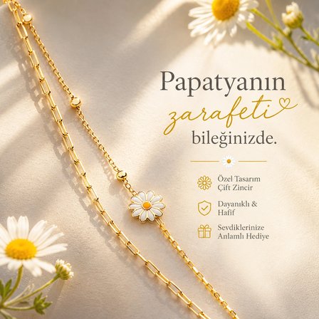 925 Ayar Gümüş Altın Kaplama Papatya Bileklik Çift Zincir Ataç Zincir Zarif Kadın Bileklik 