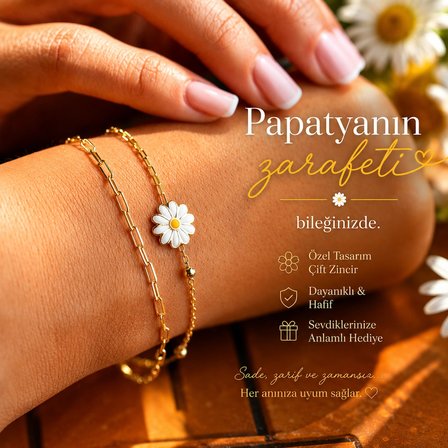 925 Ayar Gümüş Altın Kaplama Papatya Bileklik Çift Zincir Ataç Zincir Zarif Kadın Bileklik 