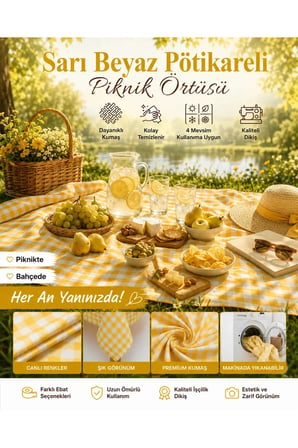 Pötikareli Piknik Örtüsü Masa Örtüsü Sofra Bezi Kareli Balkon Bahçe Kamp Örtüsü Sarı Beyaz