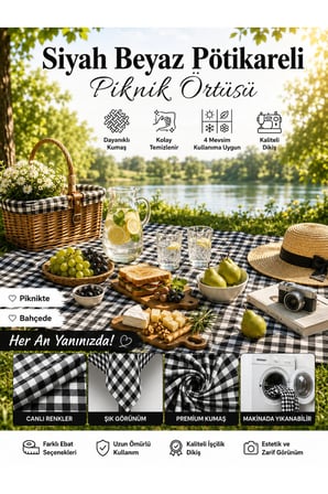 Masa Örtüsü - Siyah Beyaz Pötikareli Piknik Örtüsü Sofra Bezi Kareli Balkon Bahçe Kamp Örtüsü