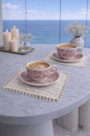 El İşlemesi - Kahve Sunum Peçetesi - Kokteyl Peçetesi - Dört Kenarı İnci Detaylı – 2’li Set