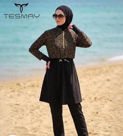 Tesmay 3052 Siyah  Spor lycra Tam Boy Tasarım Tesettür Mayo