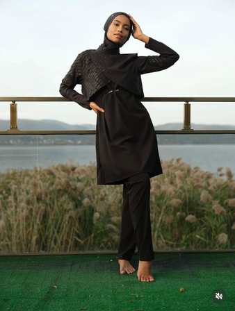 Tesmay 3057 Siyah  Spor lycra Tam Boy Tasarım Tesettür Mayo