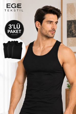 Erkek Premium Pamuklu Siyah Atlet 3’lü Paket Rahat Kalıp