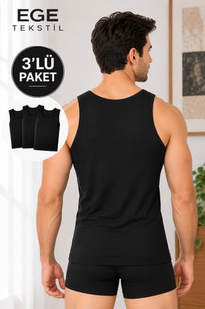 Erkek Premium Pamuklu Siyah Atlet 3’lü Paket Rahat Kalıp
