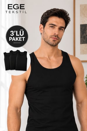 Erkek Premium Pamuklu Siyah Atlet 3’lü Paket Rahat Kalıp
