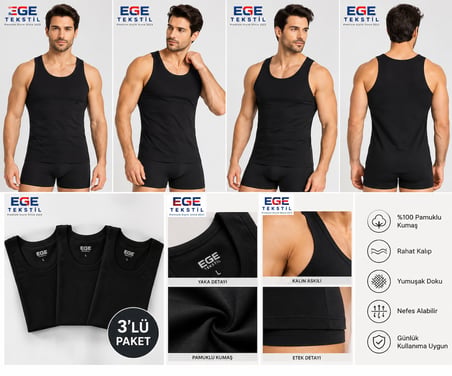 Erkek Premium Pamuklu Siyah Atlet 3’lü Paket Rahat Kalıp