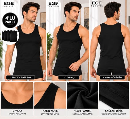 Erkek Premium Pamuklu Siyah Atlet 4’lü Paket Rahat Kalıp