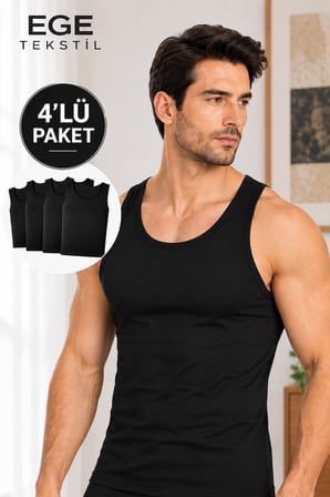 Erkek Premium Pamuklu Siyah Atlet 4’lü Paket Rahat Kalıp